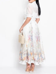 Hnewly  Floral Print Short Sleeve Waist Tied Detail Shirt Dress Casual A Line Midi Dress, Short Sleeve Button - Front ﻿