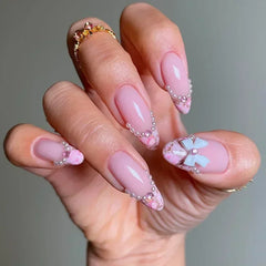 Hnewly 24Pcs Almond False Nails Cute Strawberries with French Design Simple White Wearable Fake Nails Decoration Press on Nail Tips Art