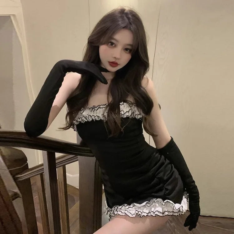 Hnewly birthday outfit Sexy Off Shoulder Strapless Black Dress for Women Y2k E-Girl Slim Fit Bodycon Fungus Dresses 2025 Summer New Vestidos Mujer