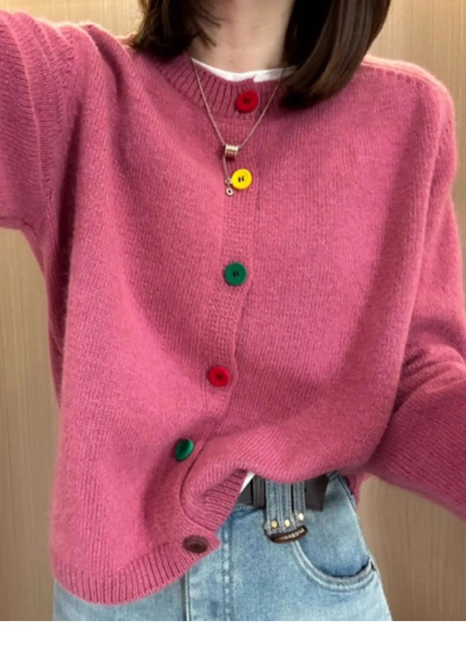 Hnewly  Rainbow Single Breasted Sweater O-neck Knitted Cardigan Korean Sweet Spring  Autumn New Lazy Style Long Sleeve Pink coat