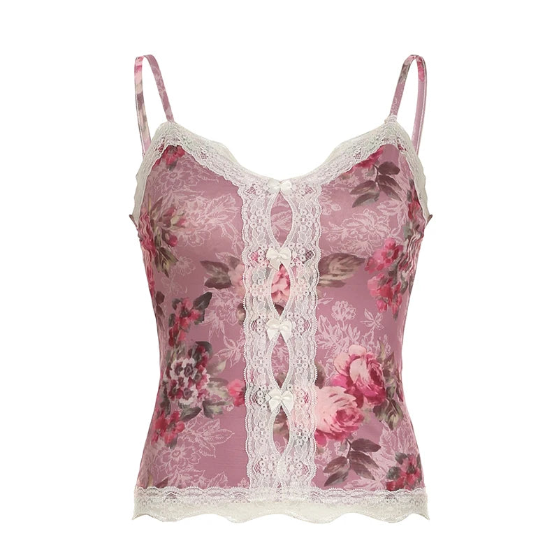 Hnewly y2k Floral Cropped Top Vintage Lace Stitching Sleeveless Skinny Strap Tops Women Retro Camisole Streetwear Tees Aesthetic