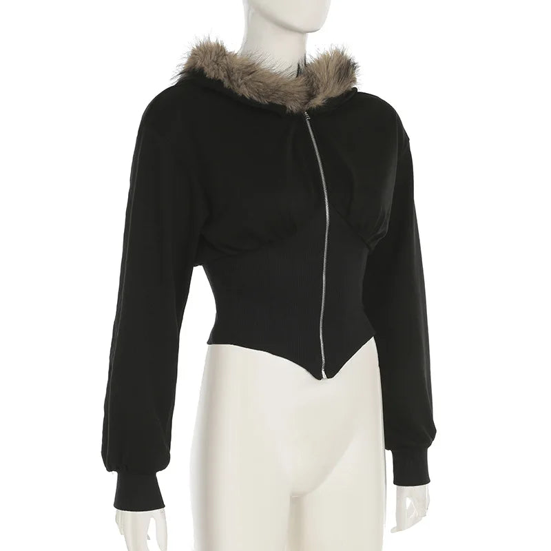Hnewly y2k Jacket Women Punk Gothic Clothes Solid Color Fur Collar Zip Up Long Sleeve Coat 2000s Grunge Clothing Streetwear