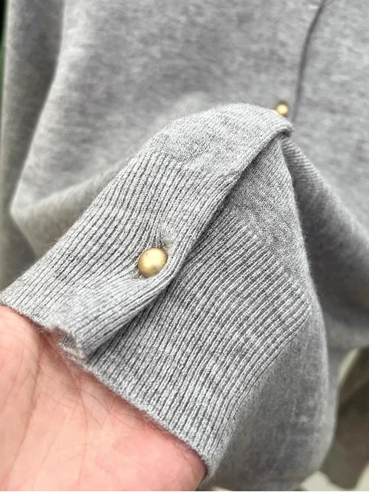 Hnewly  Gold Button Long Sleeve Sweaters Cardigan for Women Spring Autumn O-Neck Button-up Knit Jacket Tops Knitwear Basic Tops