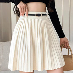 Hnewly  Korean High Waisted Mini Skirts Woman Summer Solid A-Line Knitting Skirts Women Pleated Mini Harajuku Ladies Short Dress