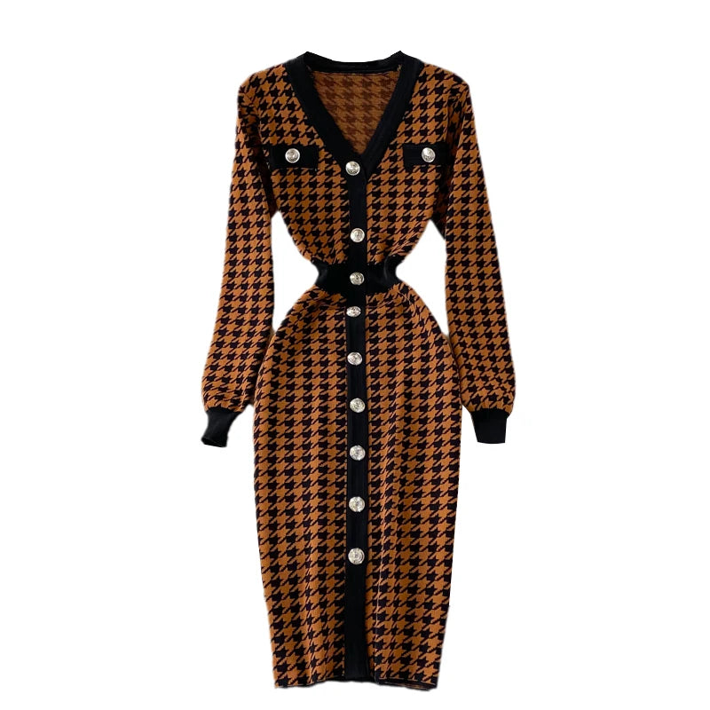 Hnewly  V-neck Sweater Dress Autumn New Versatile Slim Knitted Dresses Elegant Single Breasted High Waisted A-line Gown