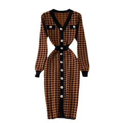Hnewly  V-neck Sweater Dress Autumn New Versatile Slim Knitted Dresses Elegant Single Breasted High Waisted A-line Gown