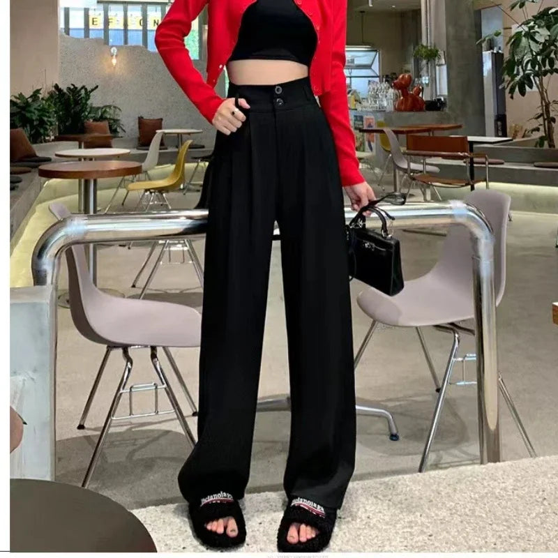 Hnewly Elegant Wide Leg Pants Women Korean Style High Waist Black Baggy Pants Office Ladies Fashion Loose Suit Trousers Streetwear