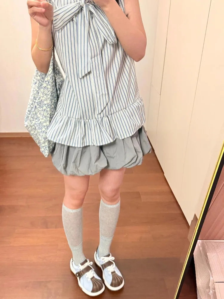Hnewly  Summer New Elegant Striped Halter Sleeveless Shirts Women+ Y2k Fashion High Waist Floral Bud Skirts Two Piece Sets