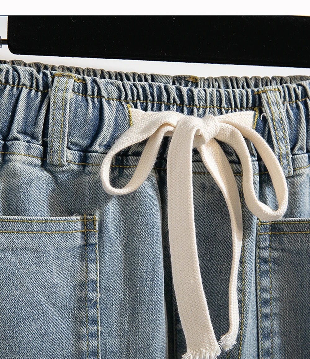 Hnewly XL-5XL Oversize Jeans Women's High Waisted Drawstring Wide Leg Denim Pants 2025 New Spring Autumn Loose Straight Leg Mop Pants