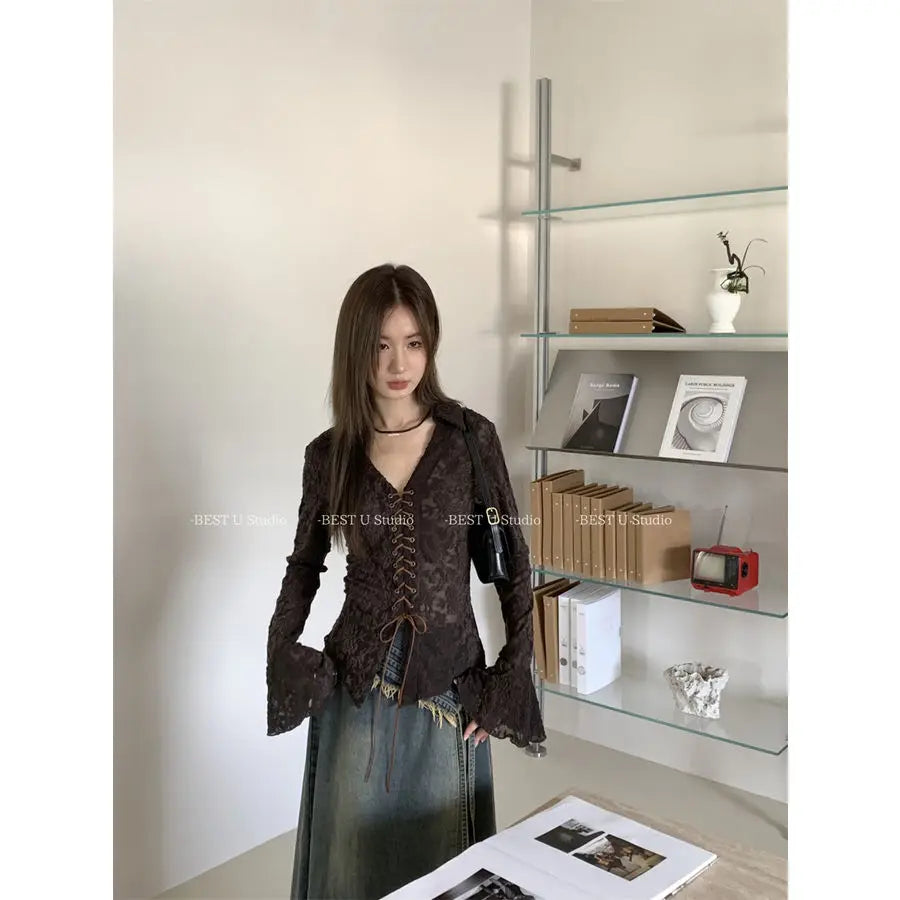 Hnewly  Hollow Out Mesh V-neck Lace Up Shirts Women Y2k E-Girl Slim Fit Long Sleeve Blouses Spring New Black Blusas De Mujer