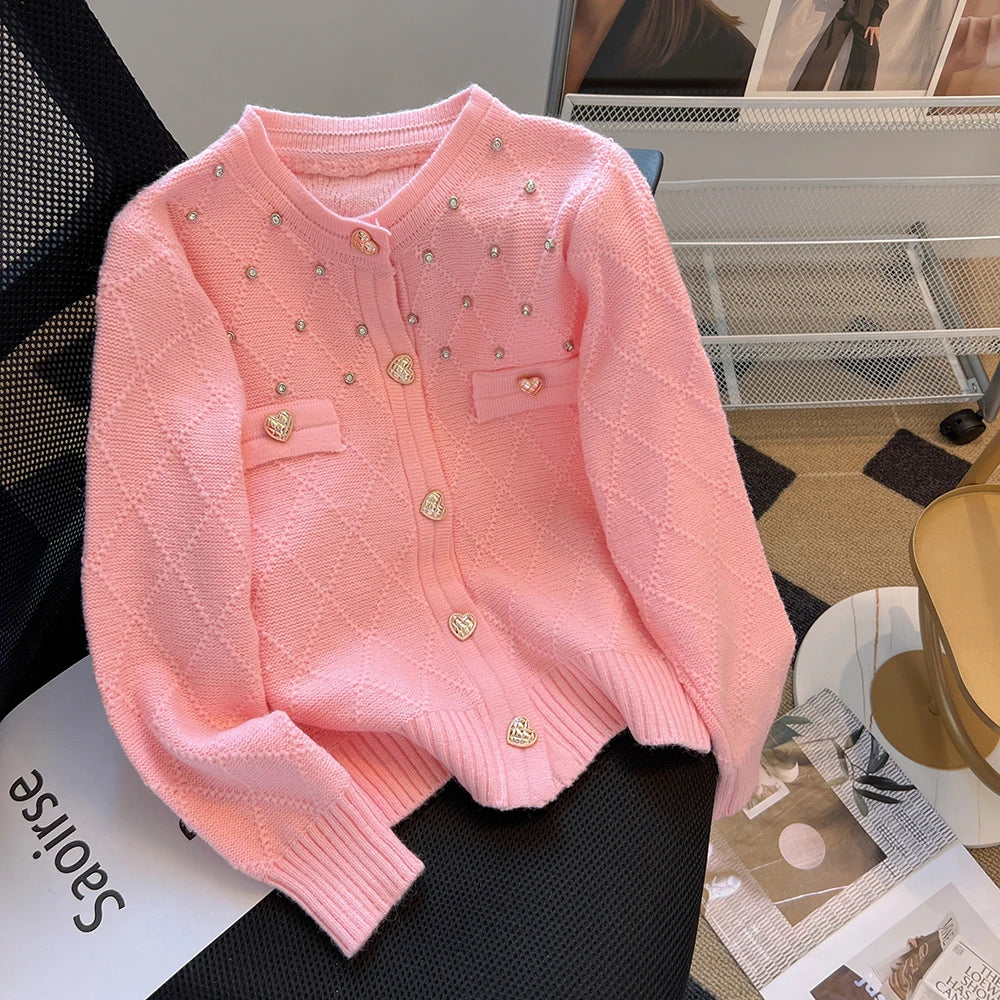 Hnewly  French Knitted Cardigan Sweater Luxury Diamond O-Neck Long Sleeve Top Women's Autumn Winter Korean Soft Comfort Coat