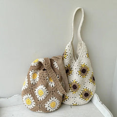 Hnewly  Female Large Capacity Handmade Woven Shoulder Bag Flower Handbag Crochet Cotton Vacation Casual Tote