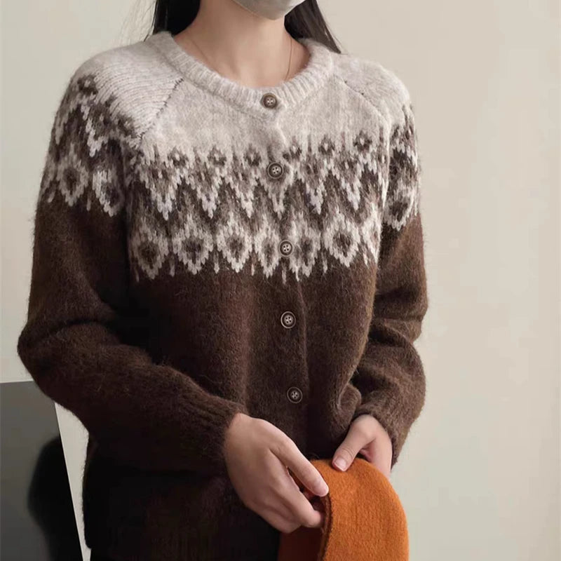 Hnewly  Vintage Fair Isle Knitted Cardigan for Women Cozy O-Neck Button Down Sweater Jacket Fall Winter Korean Style Christmas Sweater