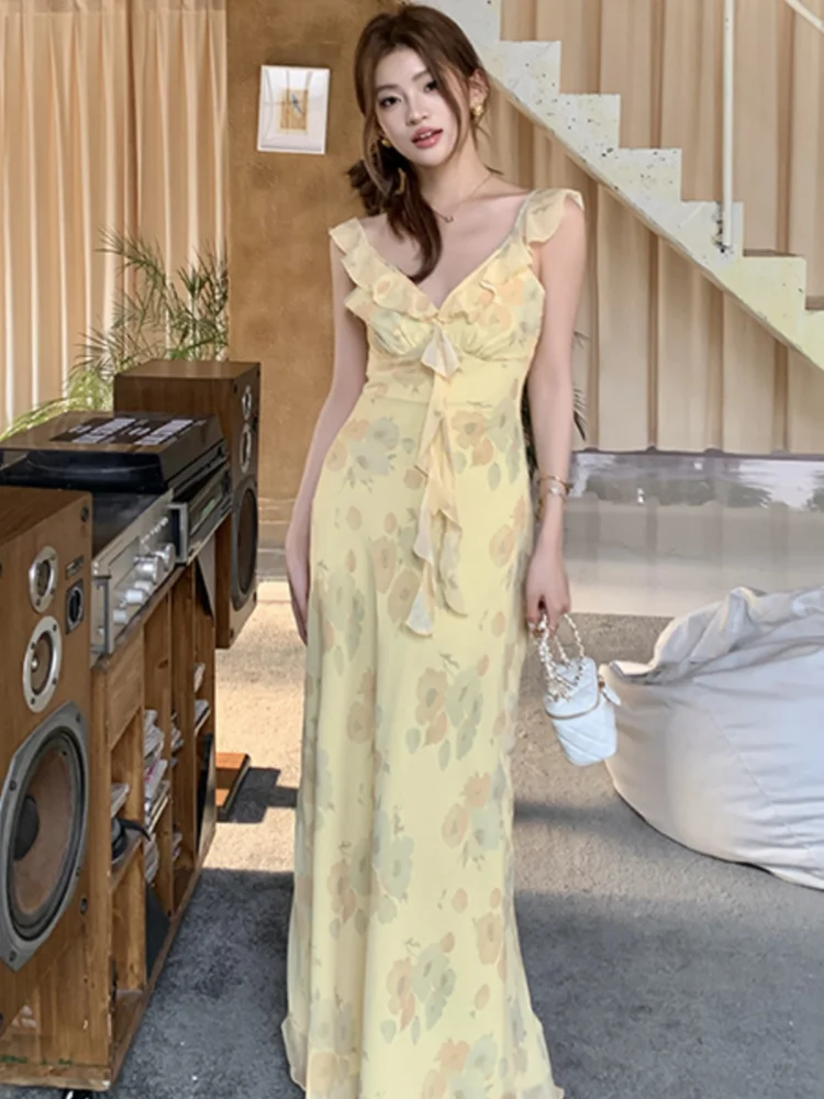 Hnewly French Women's Elegant Floral Printed Dress V-Neck Slim Fit Flying Sleeve Long Dresses Vacation Holiday Sexy Travel New Vestidos
