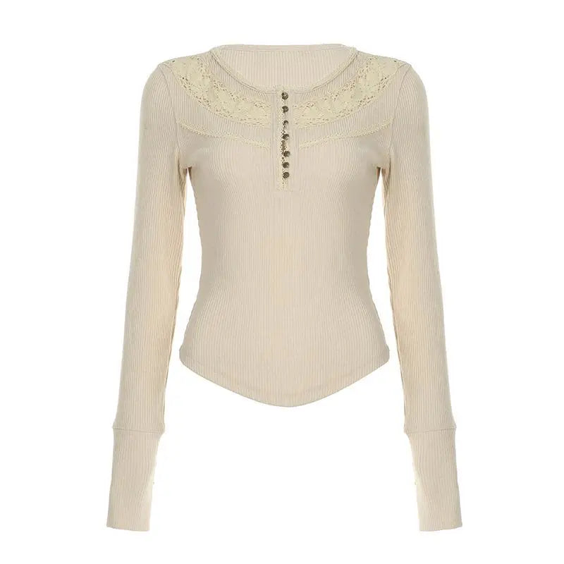Hnewly  Elegant Vintage Lace Patchwork O-neck T-shirts Y2k Slim Fit All-match Top for Women 2025 Spring New Long Sleeve Tee Shirt