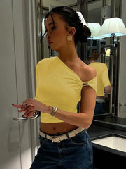 Hnewly  Gold Ring Off Shoulder T shirt Female Solid Color Irregular Ruched Top Slim Sexy Navel Expose Tanks Hot Girl Y2K T shirt