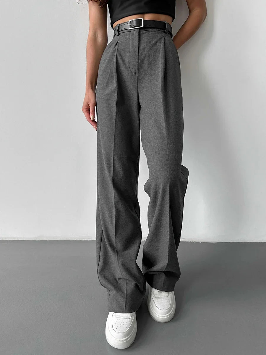 Hnewly Office Ladies Trousers Women High Waist Full Length Pants Female Pleated Wide Leg  Solid OL Pants for Women
