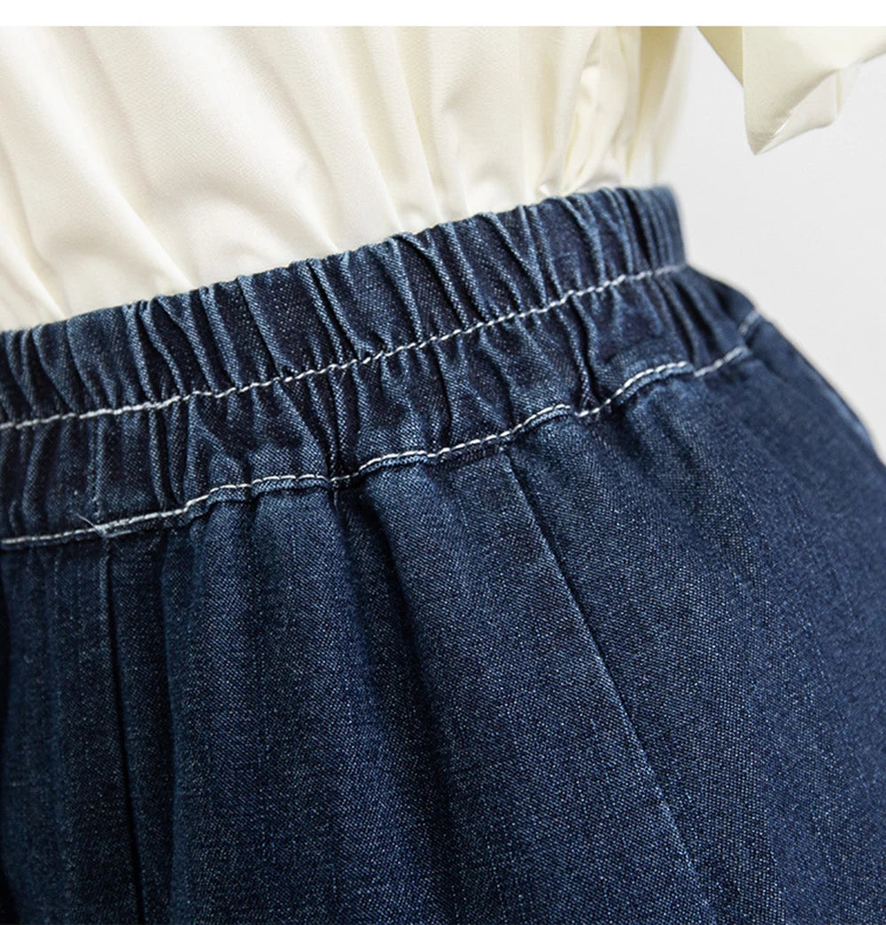 Hnewly M-5XL Oversize Denim Skirt Women's New Elastic High Waisted A-line Loose Fit Retro Knee-length Skirt with Built-in Safety Shorts