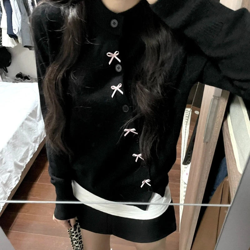 Hnewly Korean Style Sweet Bow Knitted Cardigan Women Elegant Black Sweaters Kawaii Irregular Long Sleeve Cardigan Aesthetics