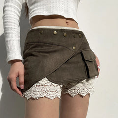 Hnewly Vintage Cargo Skirt Women y2k Style Low Waist Irregular Hem Short Mini Skirts with Pocket Decor 2000s Street Skirts