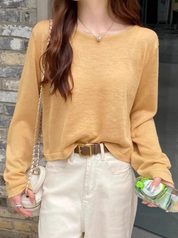 Hnewly  Breezy Long Sleeve Knit Top for Women Breathable O-neck Boxy Pullovers Blouse Summer Sunscreen Shirt Cover Up Casual Outfit