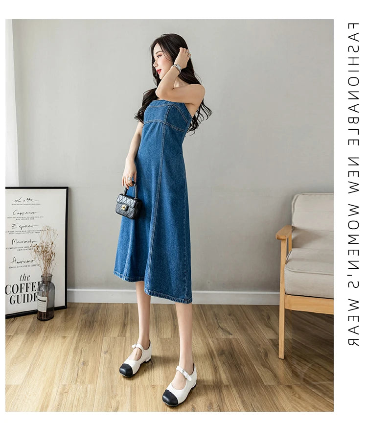 Hnewly  Denim Spaghetti Strap Dress New Summer Women's Retro Strap A-Line Dress Classic Blue Tea-Length Versatile Slim Sun Dresses