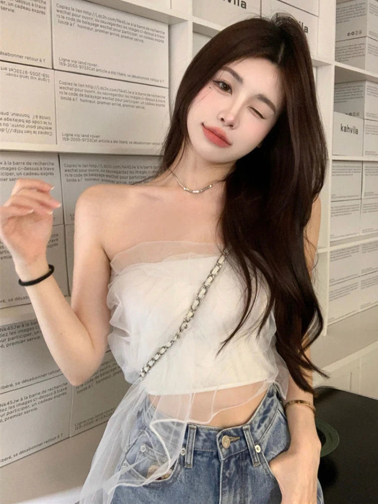 Hnewly Women Gauze Sweet Girl Strapless Korean Style New Crop Tops Ins Summer Slim Fashion Sexy Hot Lady Fit Club Wear Aesthetics
