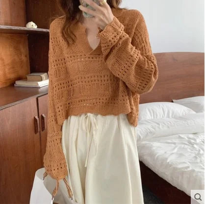 Hnewly  Sheer Pointelle Knit Sweater for Women Long Sleeve V-Neck Crop Knit Top Pullover Teen-girl Spring Autumn Y2K Outfit