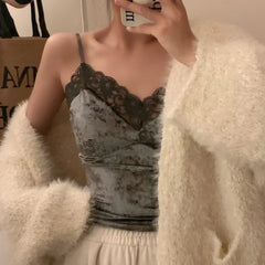 Hnewly Tank Tops Women Velvet Lace Patchwork Sexy Padded Slim Crop Sleeveless Camisole Tender Comfortable Y2K New Stylish V-neck Teens
