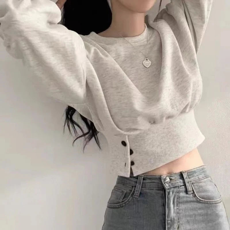 Hnewly FALL OUTFITS Autumn Women Solid O-Neck Slim Crop Top Lantern Sleeve With Button  Sweat Casual Hip-Hop Sporty Pullover Sweet Chic Street Wear