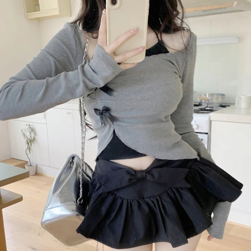 Hnewly Coquette Top y2k Clothes Women Contrast Color Bow Lettuce Trim Smocked Square Neck Long Sleeve T Shirt 2000s Clothing