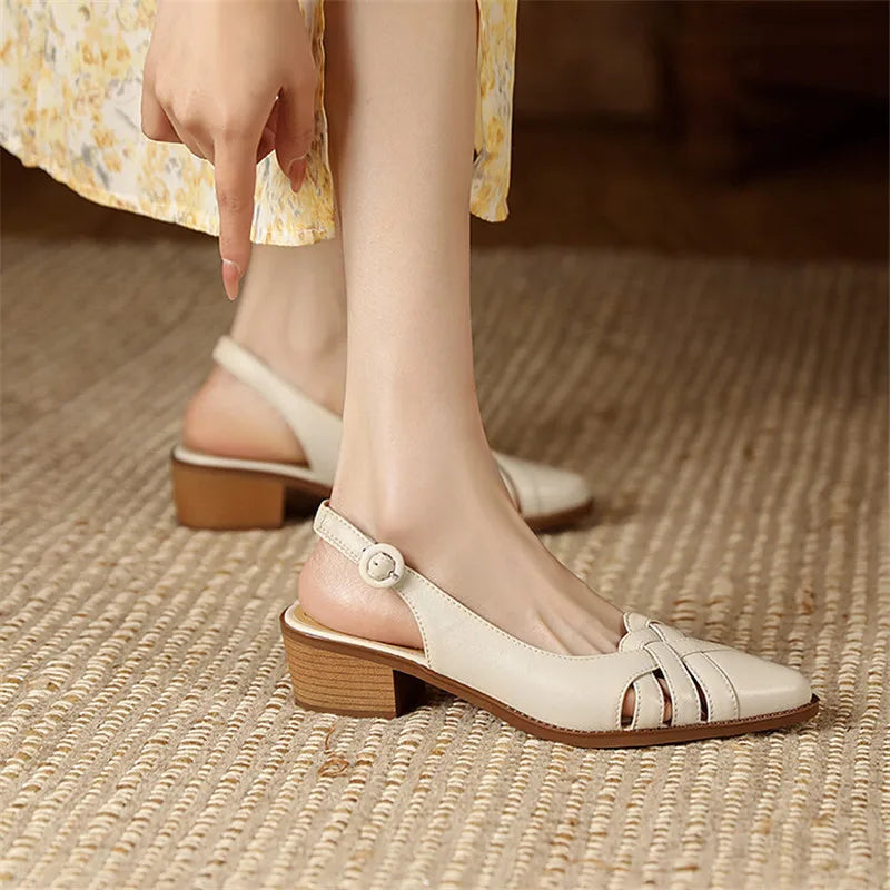 Hnewly Summer Sandals Genuine Leather Sandals Casual French Retro Pointed Toe Hollow Out GLADIATOR Sheepskin Sandals Thick Heel Shoes