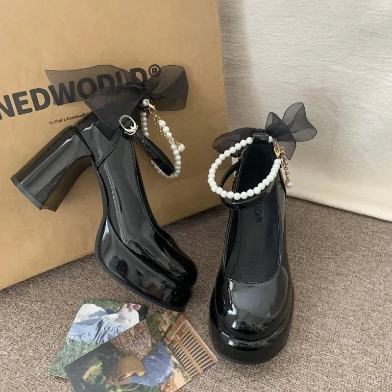 Hnewly Mary Jane Shoes Women's Spring New Ultra-high Heel Pearl Chain with Platform Block Heel Wedding Shoes Lolita Shoes