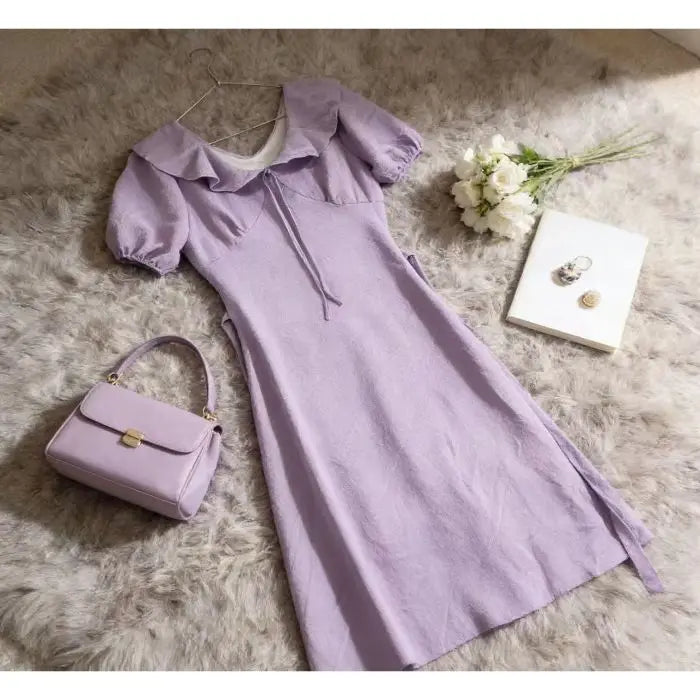 Hnewly  Summer Gentle Lace Trim V-Neck Bubble Sleeve Dress plus Size Elegant Waist-Cinching Texture Long Dress Korean Style High Wais...