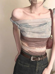Hnewly  Fashion Vintage Halo Dyeing Vest for Women Y2k E-Girl Mesh Irregular Camisole Tops Summer New Off Shoulder Tank Top