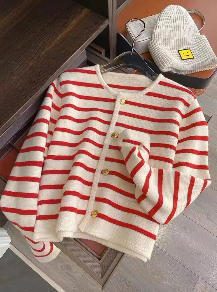 Hnewly  Women Spring Autumn Sweaters O-neck Stripe Knitted Cardigan Fashion Long Sleeve Casual Short Tops Korean Style New