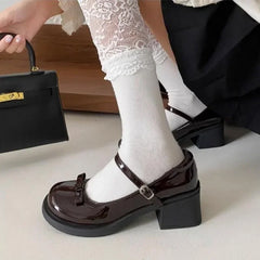 Hnewly  Retro Mary Jane Shoes Women's Chunky Heel Butterfly Knot Japanese JK Style Brown Buckle Strap Simple Design Summer Shoes