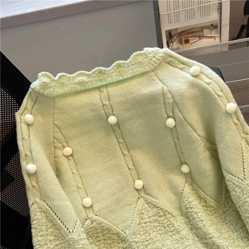 Hnewly  Korean Sweater Cardigan Women's Spring Autumn 2025 Versatile Soft Knitted Jacket Elegant Lace Single Breasted Long Sleeved Top
