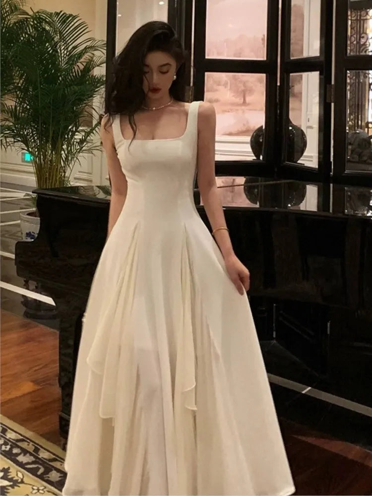 Hnewly Elegant Women White Spaghetti Strap Midi Dress French Ruffles Slim Waist A-line Pleated Vestidos Vintage Evening Party Robe