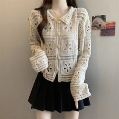 Hnewly  Women's Crochet Cardigan Embroidered Daisy Collared Button Down Open-Knit Top Cardi Jacket Boho Chic Vacation Outfit