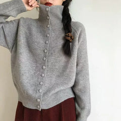 Hnewly  High Neck Button Down Cardigan Women Long Sleeve Knitted Sweater Jacket Cozy Knitwear Teen-girl Fall Winter Basic Chic Knitwear