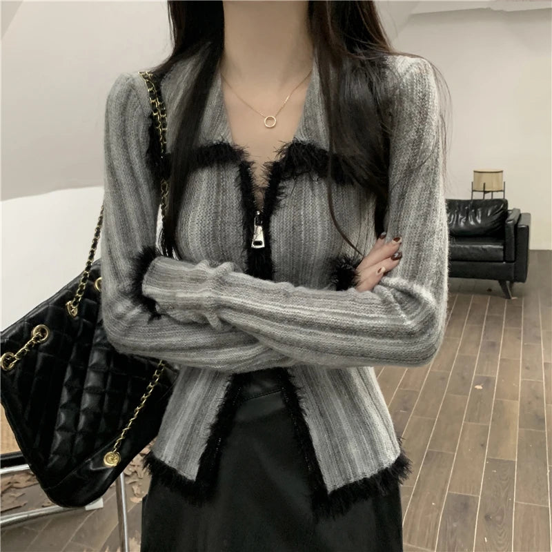 Hnewly Vintage Gradient Polo Zipper Cardigan Women Autumn Winter Long Sleeve Cashmere Sweater Knitted Top Outwear Jumpers