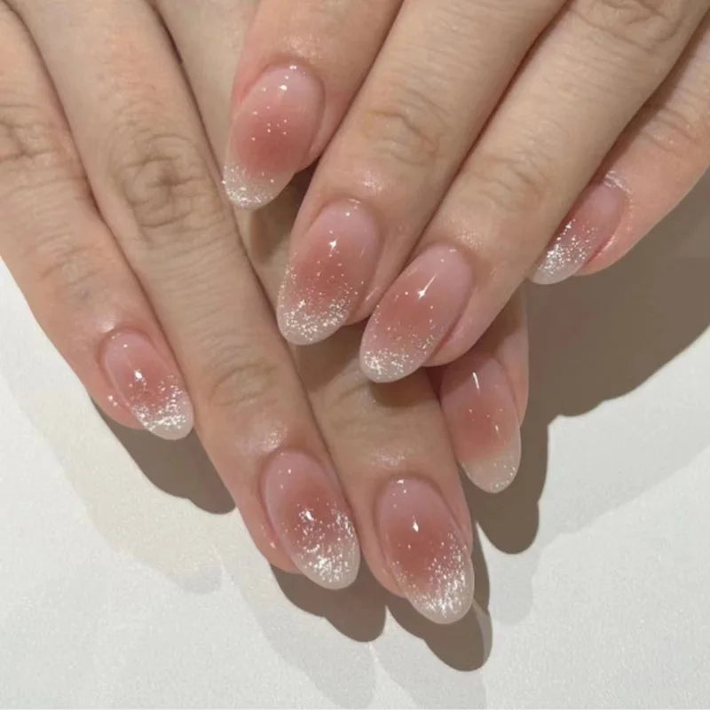 Hnewly 24Pcs Solid Color Grey Almond Fake Nail Cat's Eye Design Wearable Round Head False Nails with Shiny Powder Press on Nails