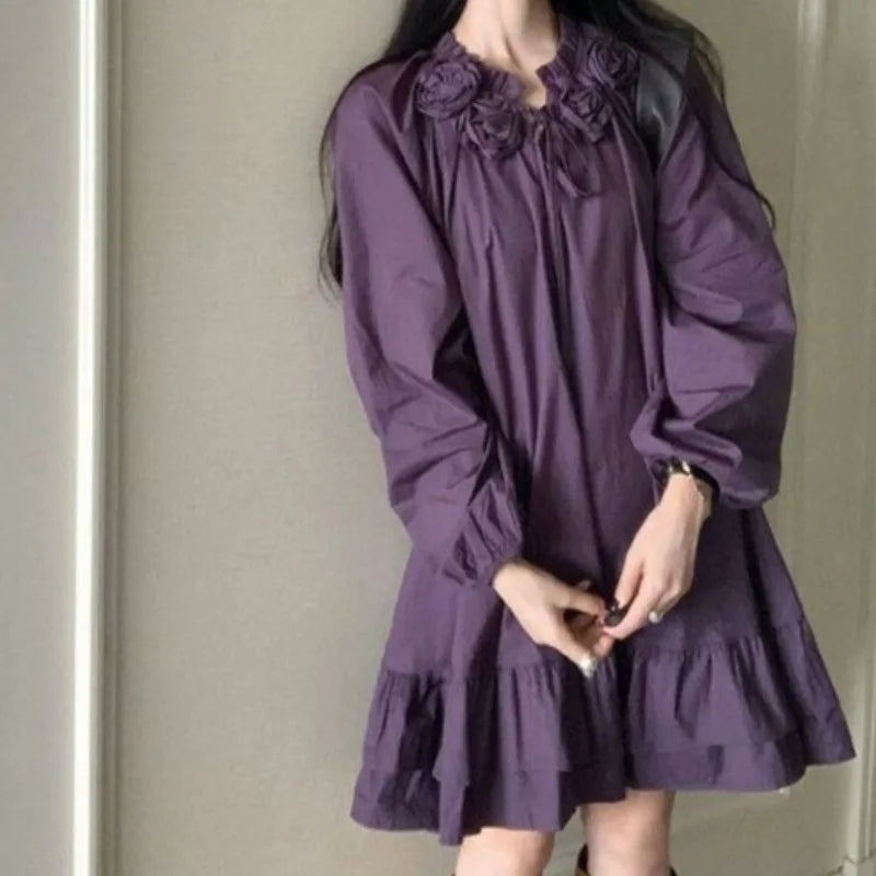 Hnewly  Purple Woman Dresses Solid Flowers Korean Fashion Elegant Vestidos Mujer Spring Autumn Retro Simple Mini Dress