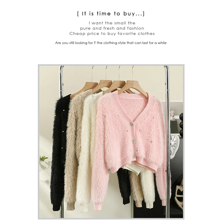 Hnewly  Heart Button Plush Soft Sweater Coat Autumn/Winter New Women's Fashion Shiny Diamond V-Neck Short Knitted Cardigan Top