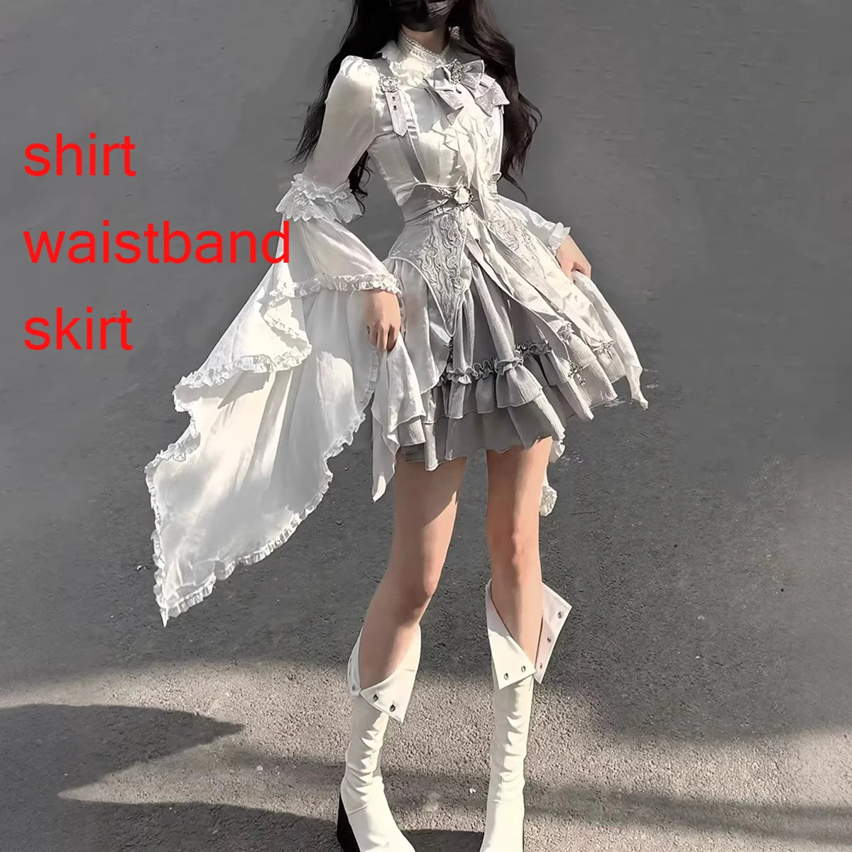 Hnewly  Original Gothic Lolita Dress Set Spring and Summer New Women's Sweet Slim-Fit Horn Sleeves Shirt Skirt Waist Seal 3-piece Set