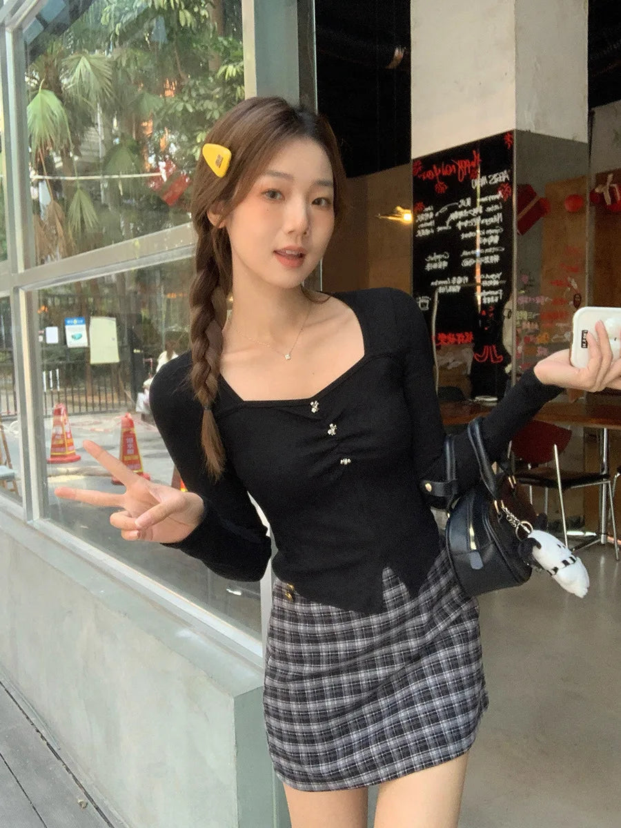 Hnewly Temperament Square Neck Long Sleeved T-Shirt For Women New Style Pleated Slim Fit And Slimming Short Top