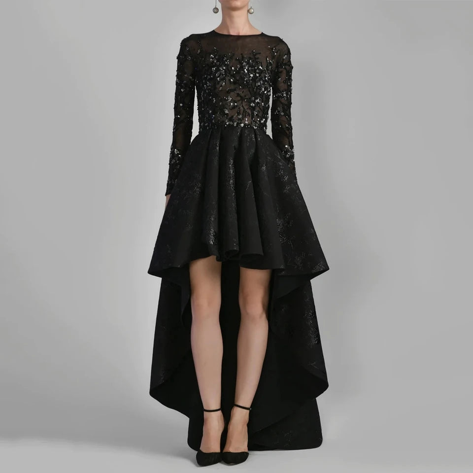 Hnewly  Charming Black O-Neck Sequin Appliques Long Sleeves Evening Dress A-Line Floor Length Sweep Train Zipper Prom Dress