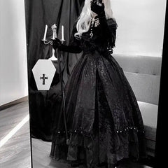 Hnewly  Gothic Vintage Palace Princess Dress Elegant Hollow Out Lace Ruffles Shawl High Waist Lolita Ultra Long Dress