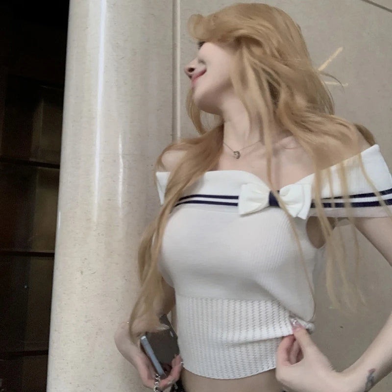 Hnewly Korean Bow Knit Knitted Short Sleeve Women Korean Fashion Stripe One Shoulder Female Tops Sexy Slim Crop Top 2000S Aesthetic